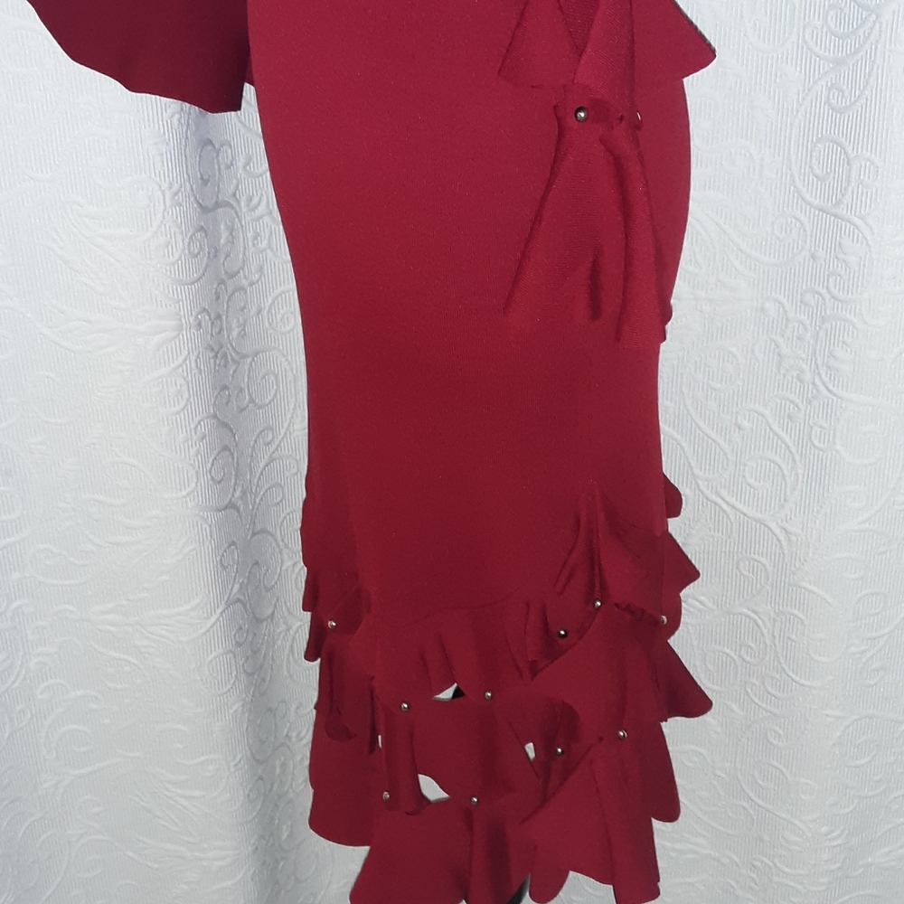 Johnathan Simkhai Ruby Red Knit Stud Ruffle Dress… - image 4
